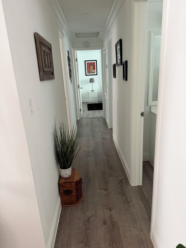 A hallway with white walls, wooden flooring, and a potted plant. - 2-bedroom house in lovely Sarasota with cool AC breeze (Sarasota)