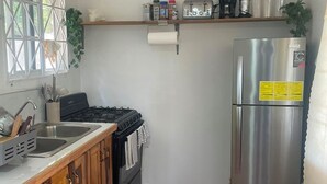 A kitchen with wooden cabinets, a stainless steel refrigerator, a gas stove, and a window with a view of greenery.
