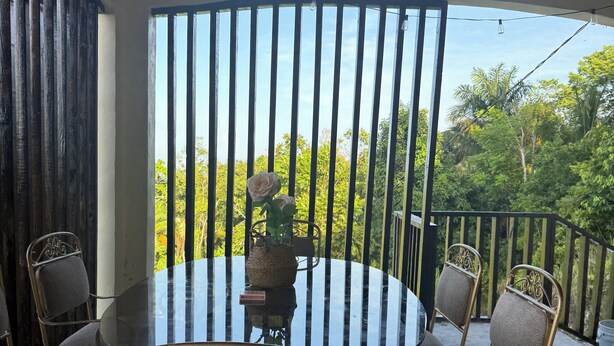 A round glass table with four chairs, a vase with flowers, and a view of greenery through vertical blinds.