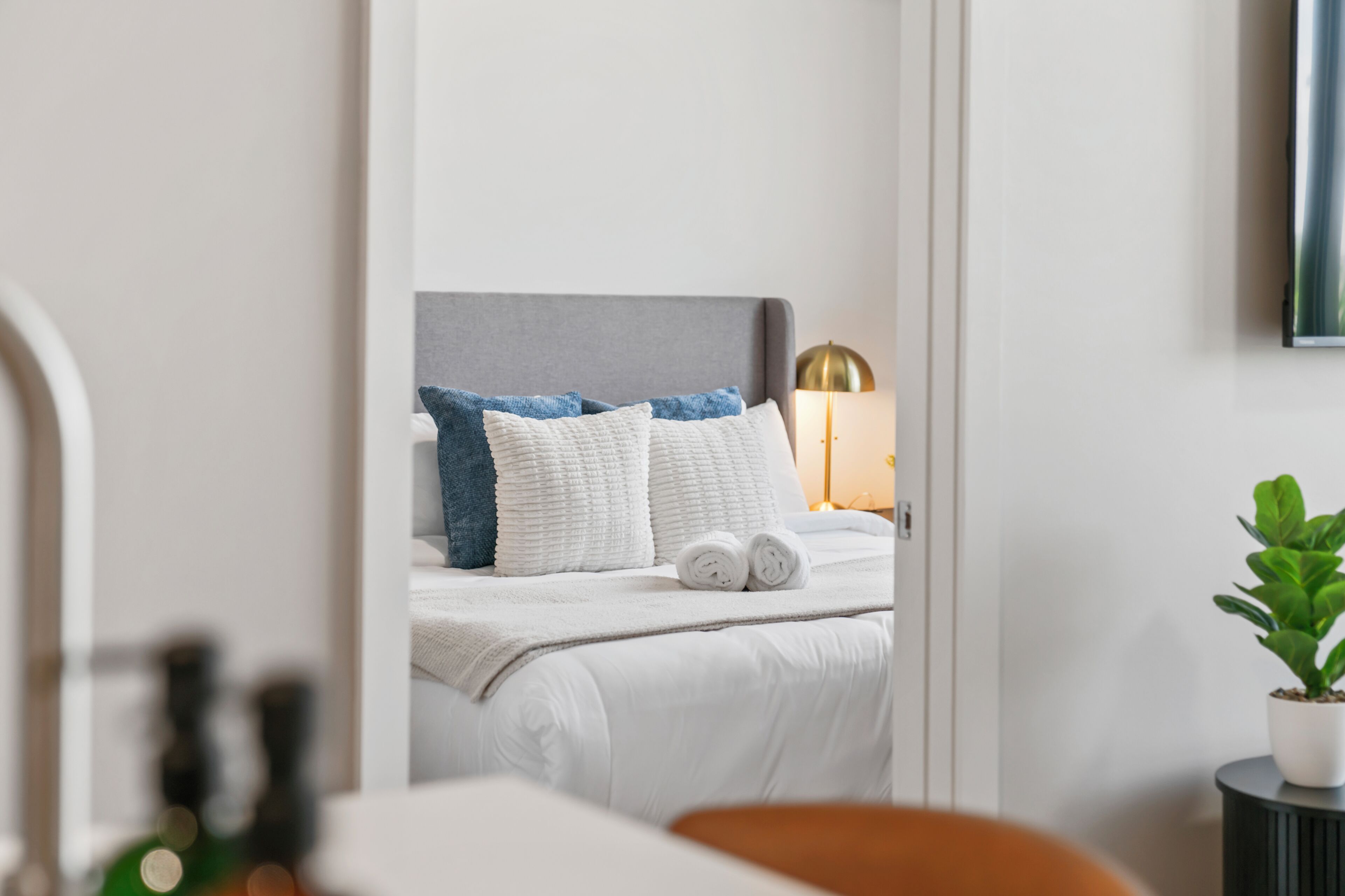 A hotel room with a bed, a bedside lamp, and a potted plant.