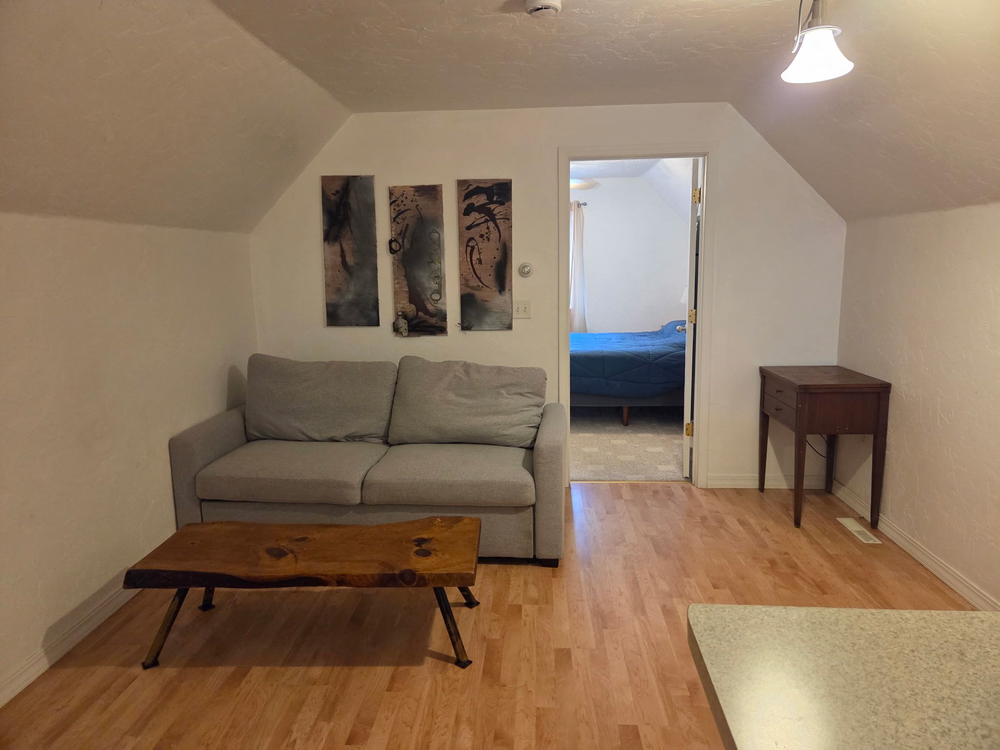 A living room with a grey sofa, a wooden coffee table, and a small wooden side table. There are abstract paintings on the wall and a door leading to another room.