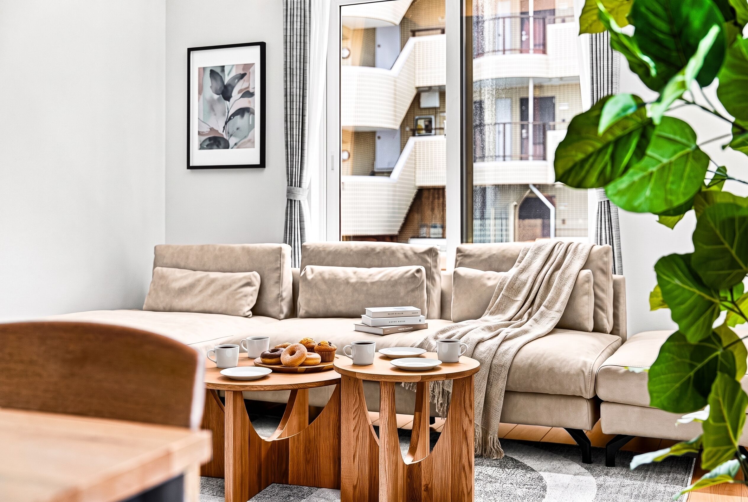 A modern living room with a sofa, coffee table, and a view of a building through large windows.