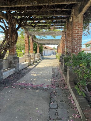 A pathway under a wooden pergola with brick pillars, leading to a building with a tiled roof. - Historic Colonial Designer Home (Granada)