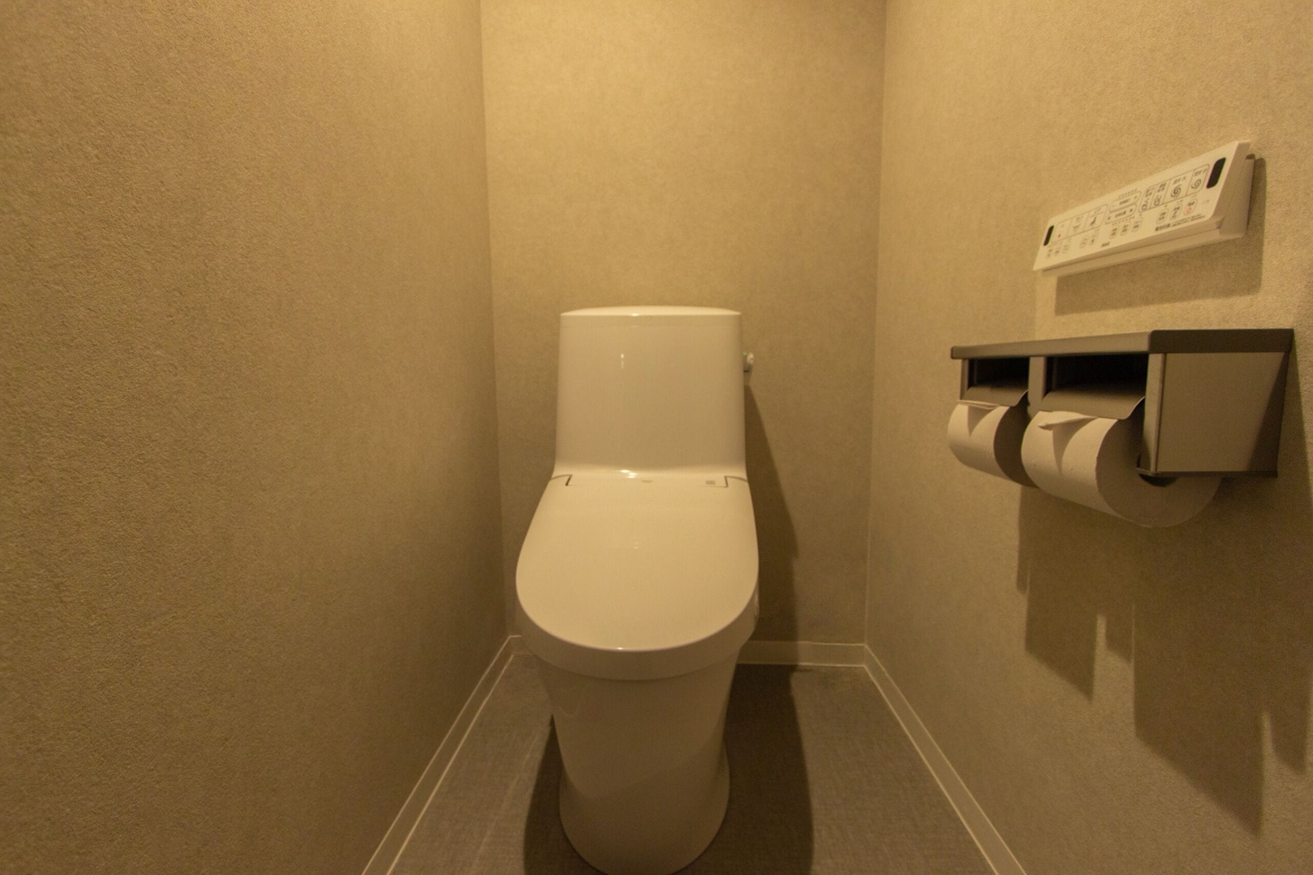 A standard toilet with a paper towel dispenser and a toilet paper roll on the wall.