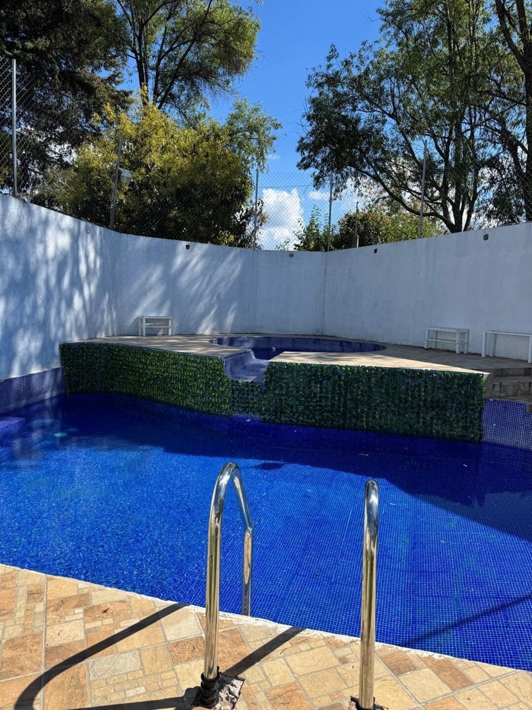 A swimming pool with a clear blue water surface, surrounded by a white wall and a hedge.