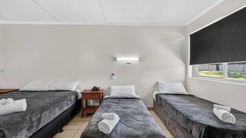 A hotel room with two beds, a small bedside table with a phone, a wall-mounted air conditioning unit, and a window with a view of greenery.