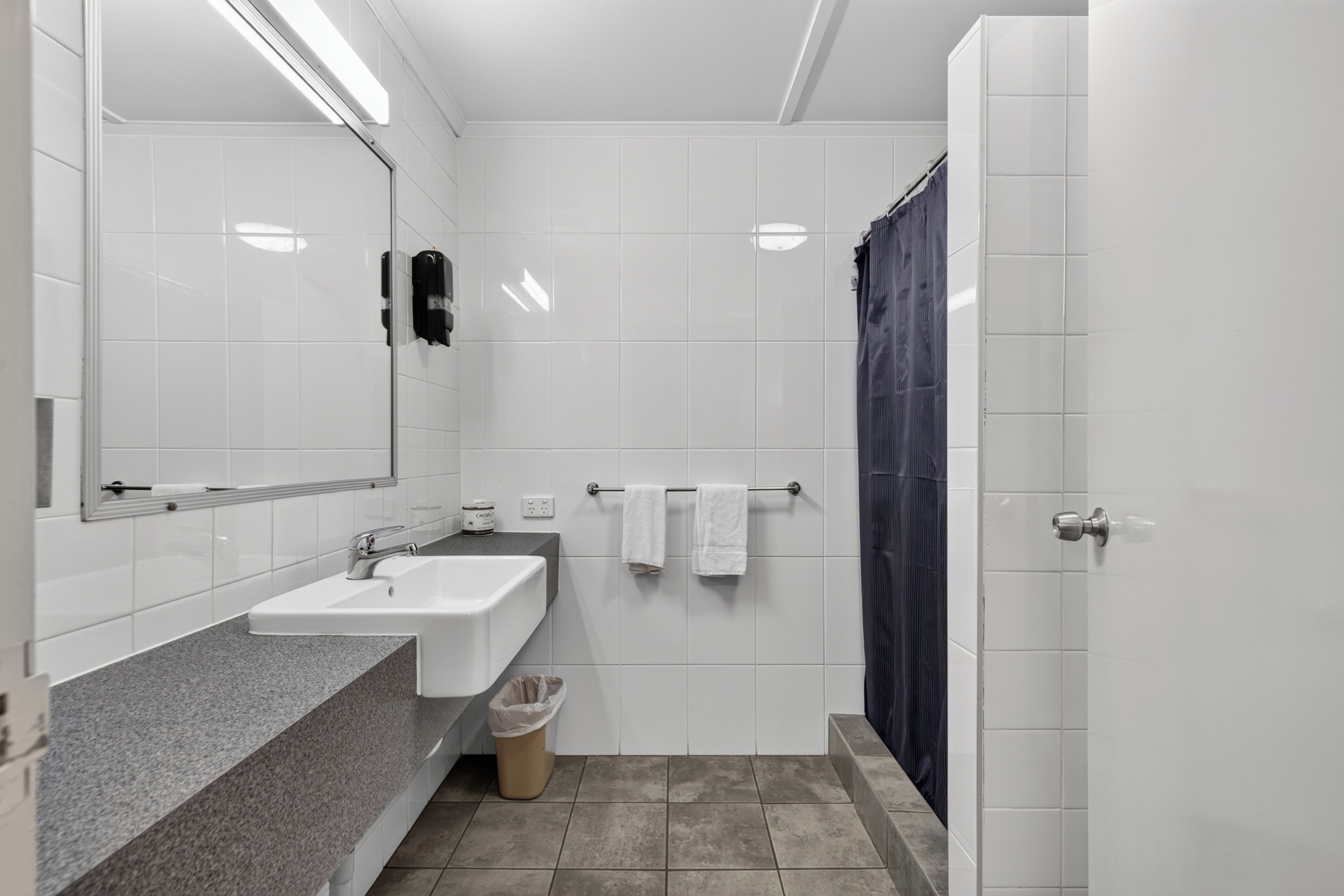 Un baño con lavamanos, espejo, toallero, cortina de ducha y un cubo de basura.