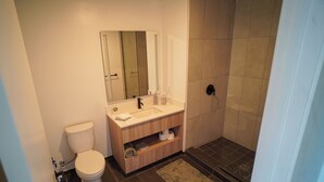 Baño con inodoro, lavabo, espejo y zona de ducha.