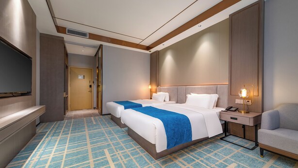 Camera d'albergo con un letto grande, comodini, una TV e una tappezzeria a motivi.
