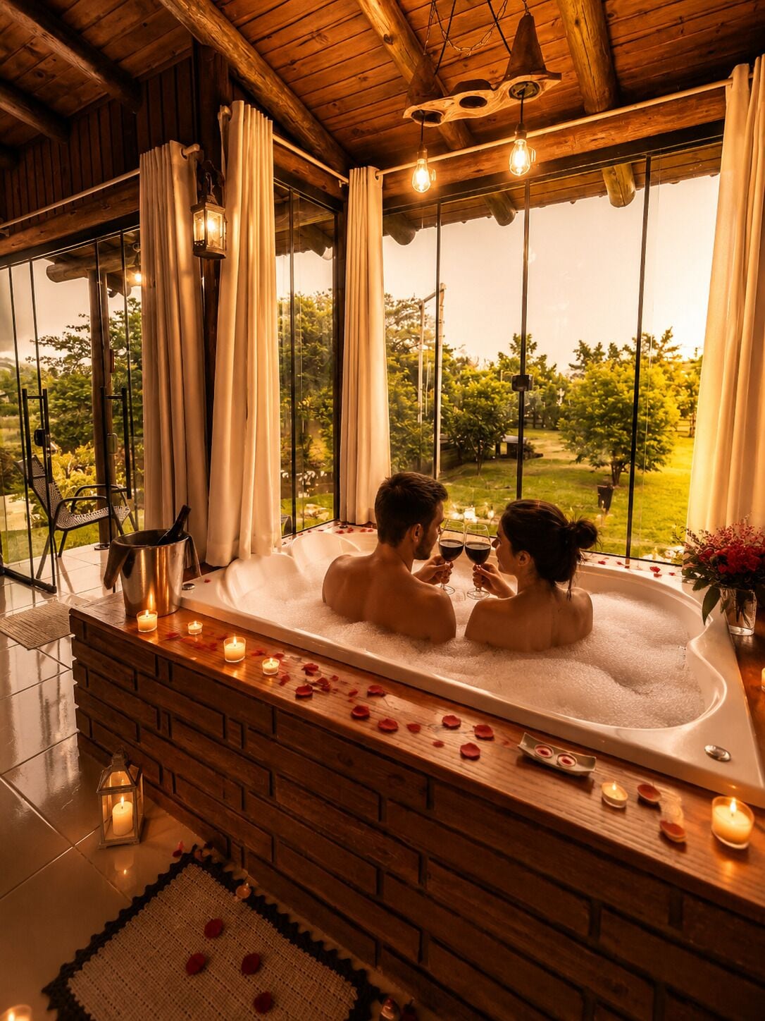 A couple in a hot tub with a view of a garden, candles, and a wooden interior.