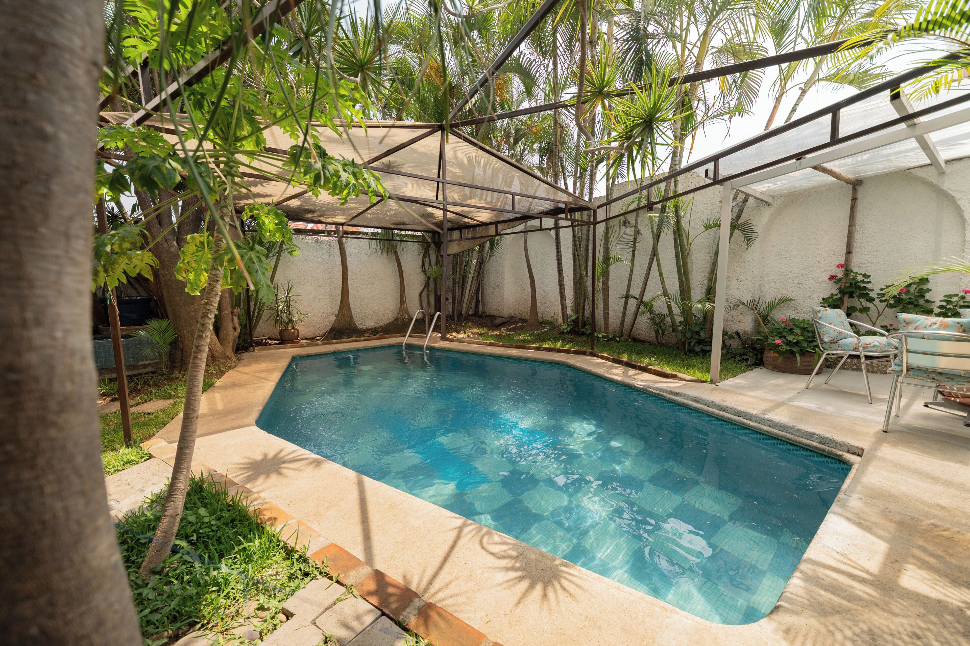 A swimming pool surrounded by lush greenery and a covered seating area.