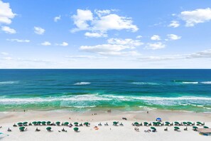 A beach with rows of umbrellas and lounge chairs, a clear sky, and the ocean. - Emerald Isle: Beachfront Condo, Pool, Balcony (Panama City Beach)