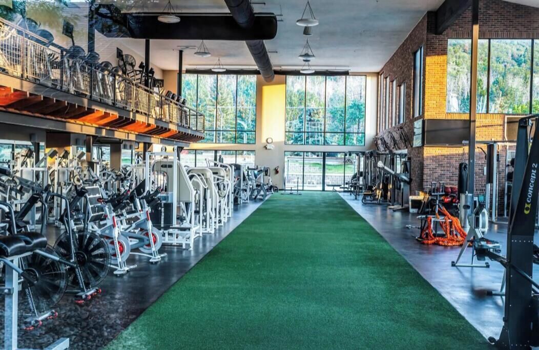 Ein Fitnessstudio mit unterschiedlichen Trainingsgeräten, einem mit grünem Teppich ausgelegten Bereich und großen Fenstern mit Blick auf Bäume.
