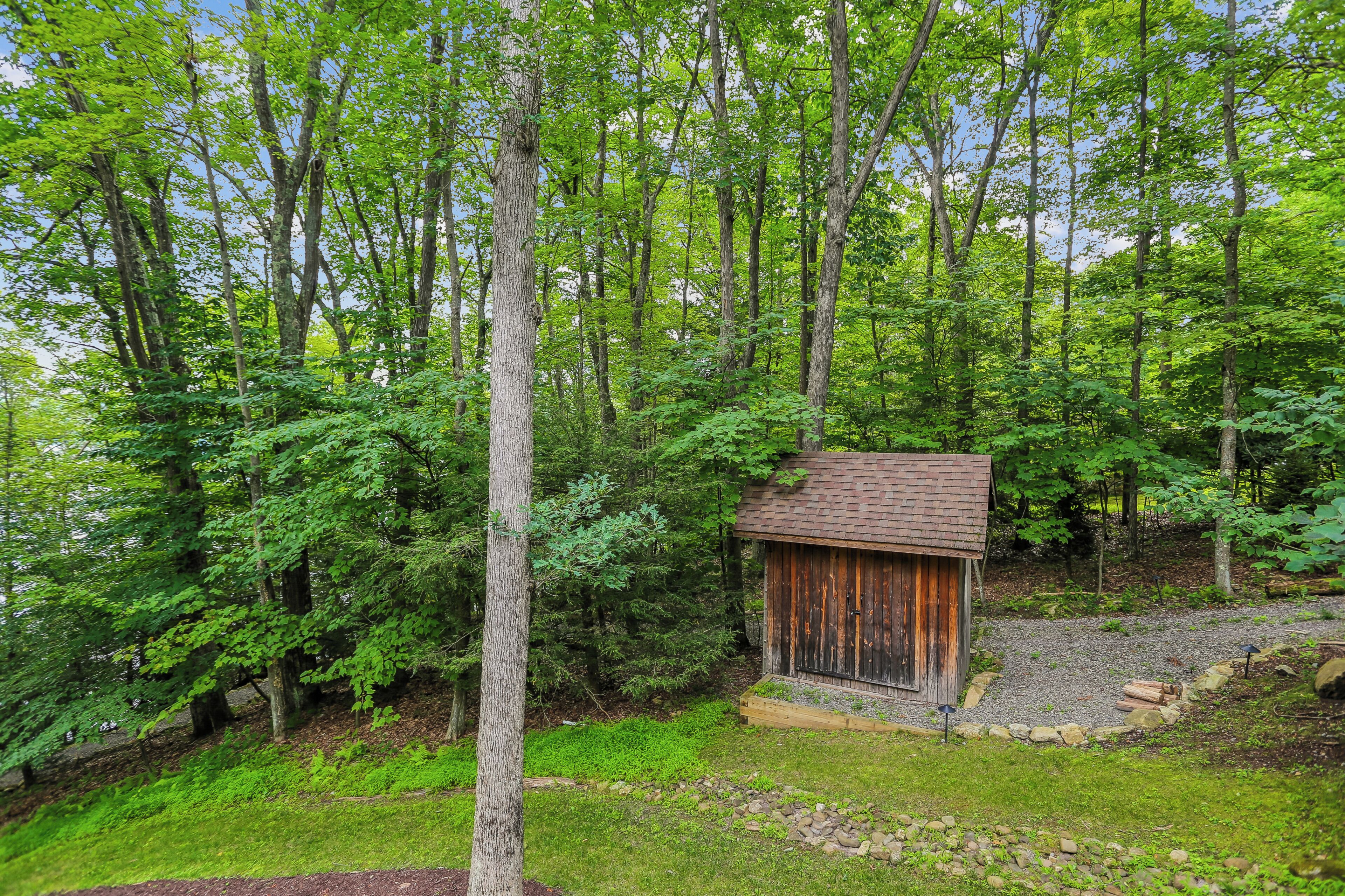 A rustic wooden cabin surrounded by dense forest.