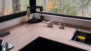 Une cuisine avec une grande fenêtre donnant sur une forêt, un oiseau en céramique blanche et une petite plante posée sur le comptoir.