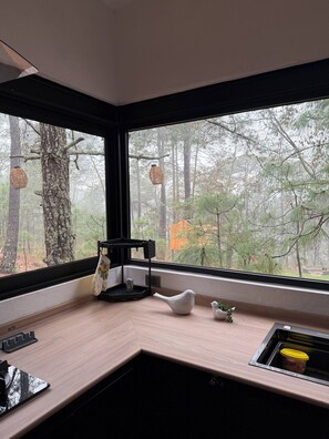 A kitchen with a large window overlooking a forest, a white ceramic bird, and a small plant on the counter. - Cima Boreal Chalet (Tapalpa)