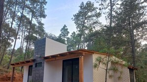 Une maison moderne avec un toit plat, de grandes fenêtres et une terrasse en bois.