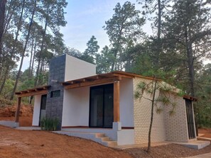 A modern house with a flat roof, large windows, and a wooden deck. - Cima Boreal Chalet (Tapalpa)