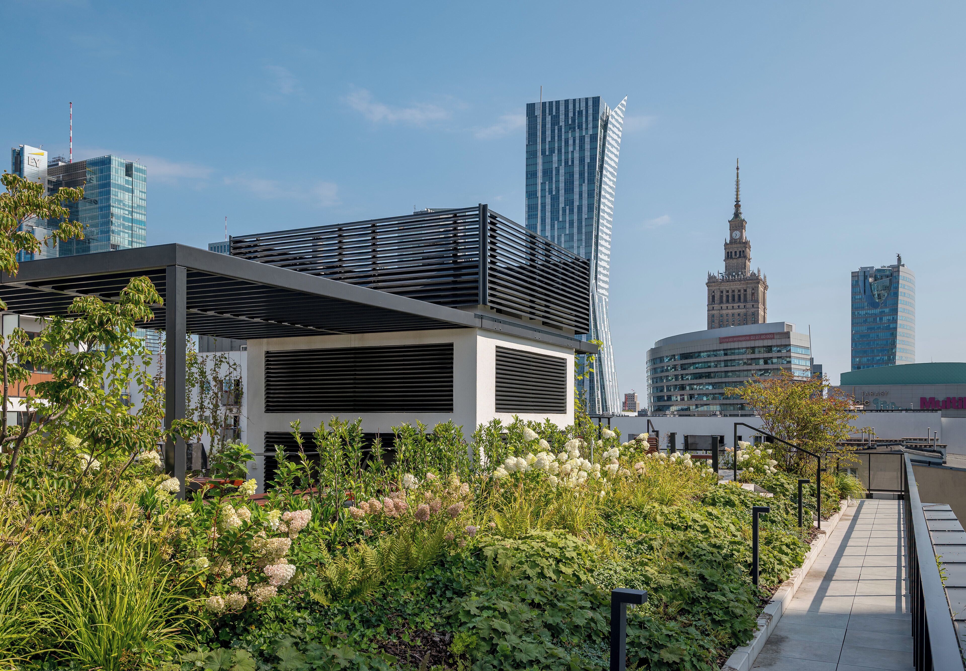 En modern byggnad med en takträdgård och utsikt över stadens silhuett.