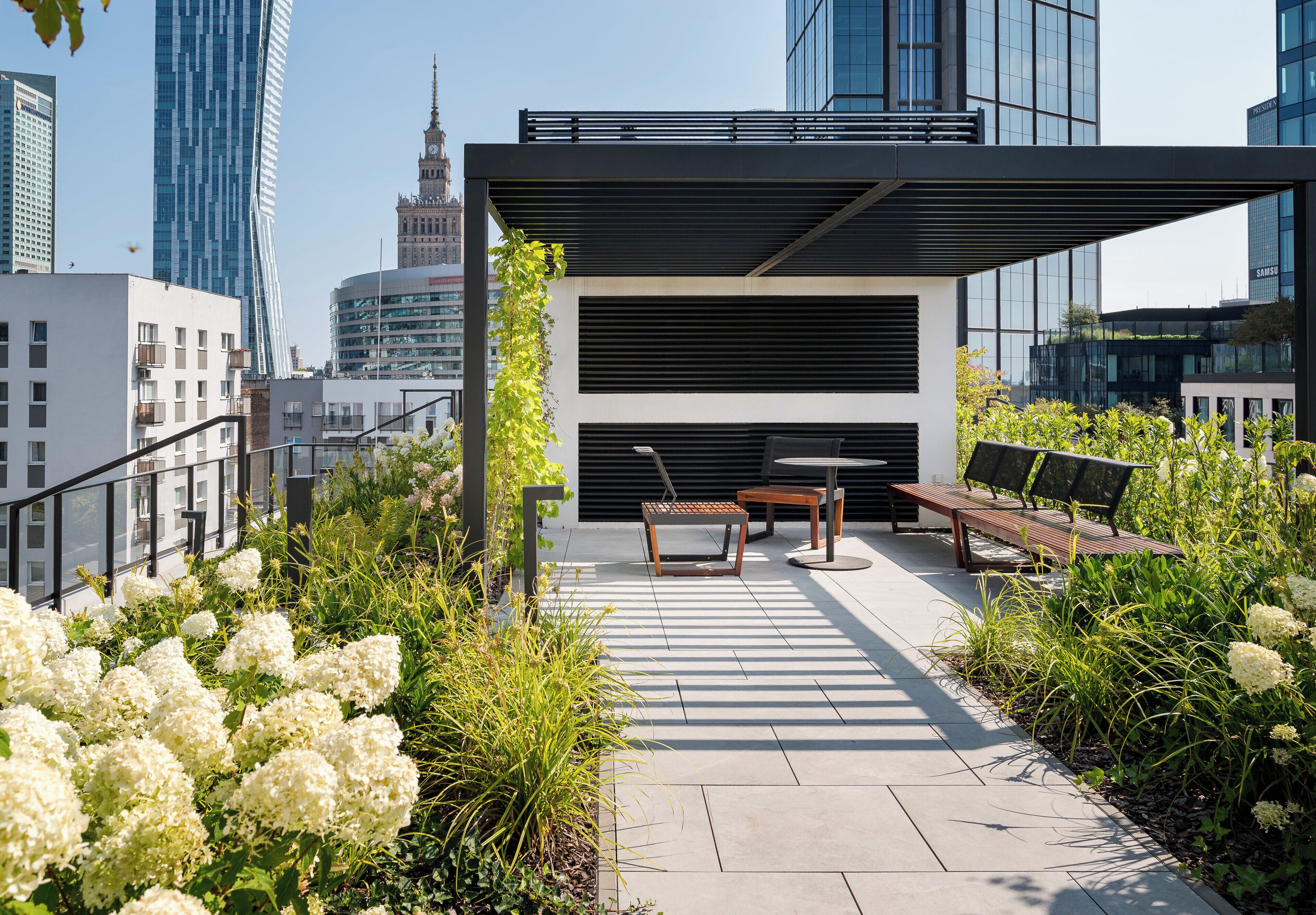 Eine Dachterrasse mit Sitzgelegenheit, umgeben von Grünpflanzen und mit Blick auf eine Stadtlandschaft.