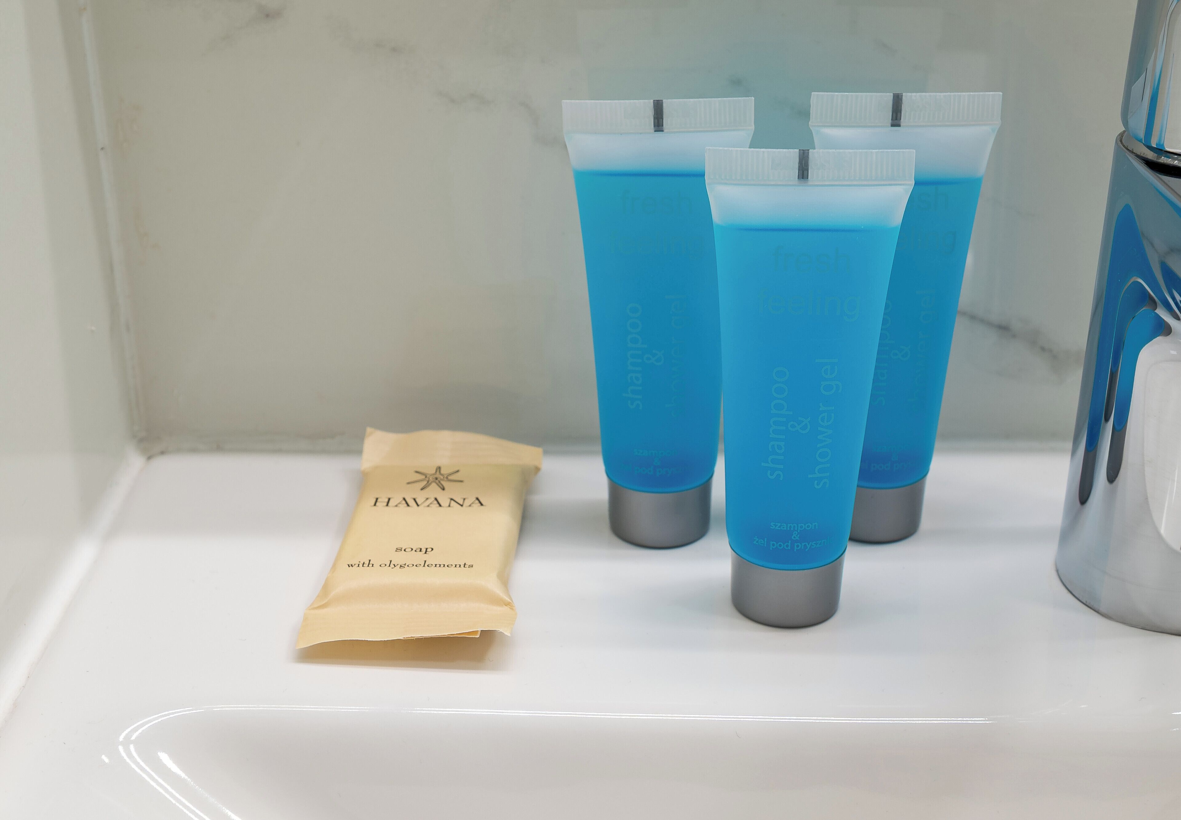 Ein Ablagefach im Badezimmer mit einer Seifensäckchen und drei blauen Flaschen.