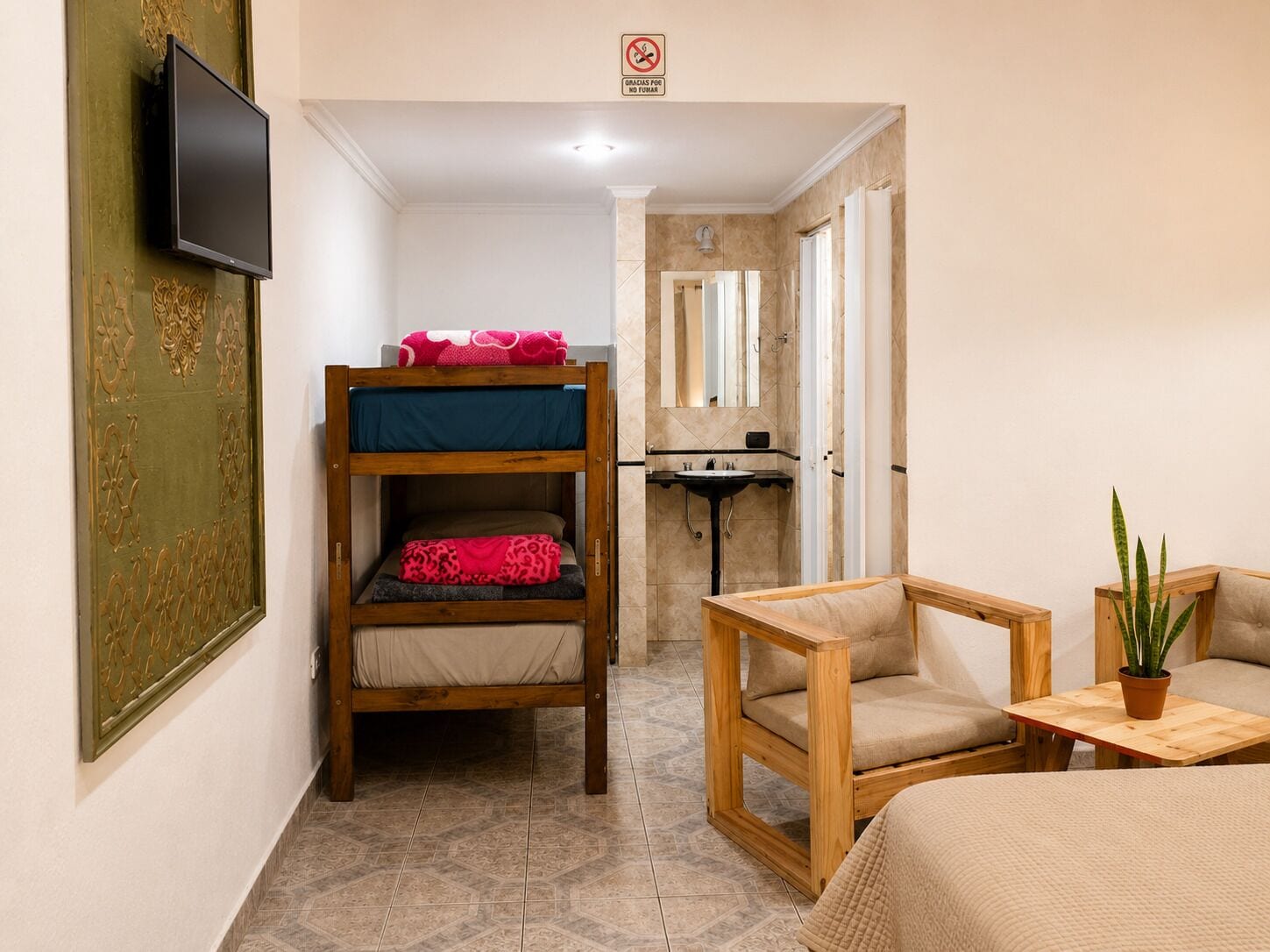 Una habitación con una cama nido, un escritorio, una silla, una pequeña mesa con una planta, un lavabo y un televisor montado en la pared.