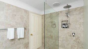 Shower, hair dryer, towels, shampoo