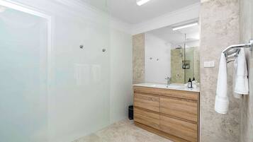 Shower, hair dryer, towels, shampoo