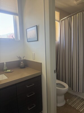 A bathroom with a toilet, a sink with a mirror, a framed picture on the wall, and a shower curtain. -  Los Gatos Cozy and Quiet gateway (Los Gatos)