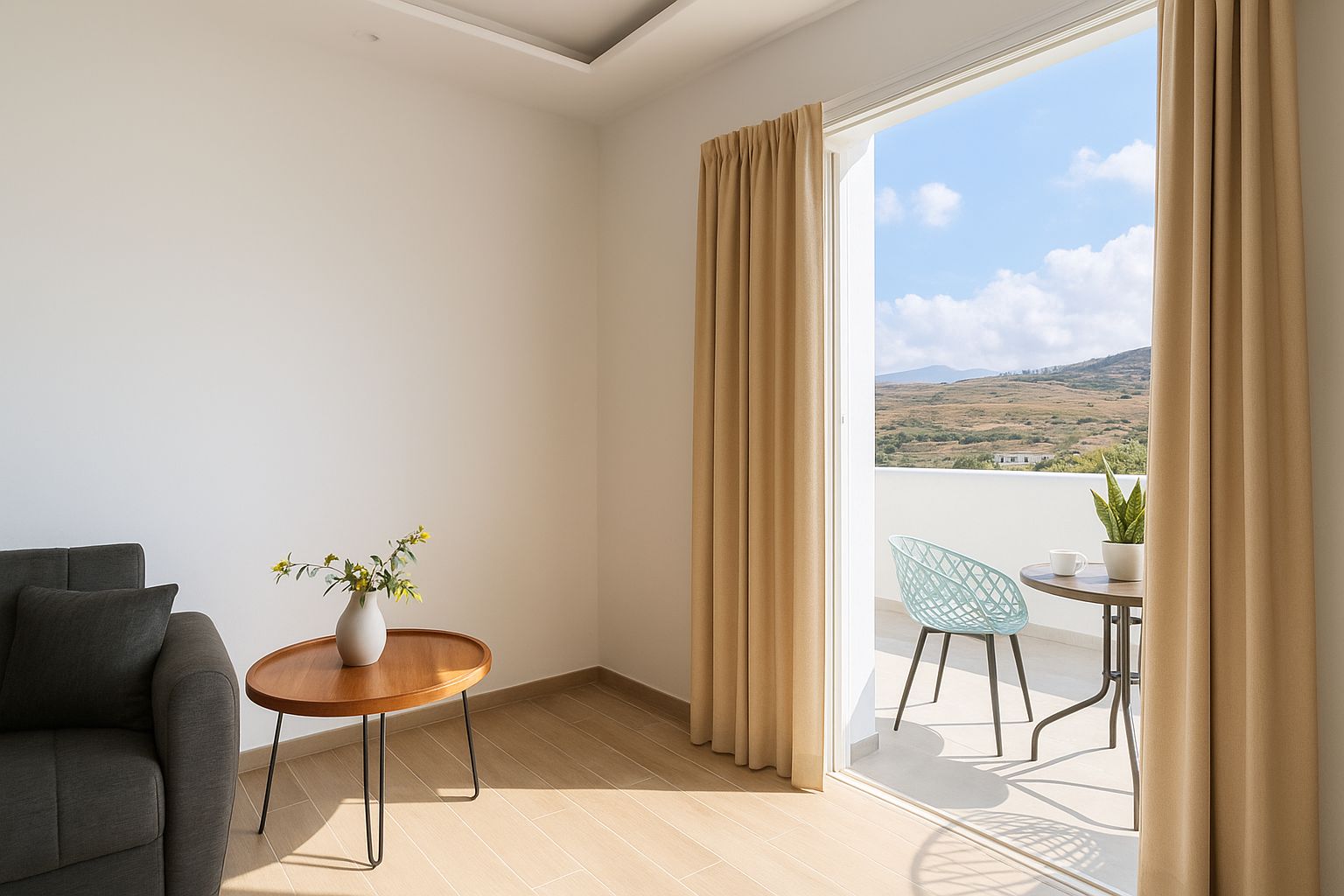 Una habitación moderna con sofá, una mesita de madera con un florero, y un balcón con una silla y una mesa.
