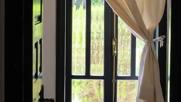 Una ventana con cortina, una puerta con manija y vista a follaje exterior.