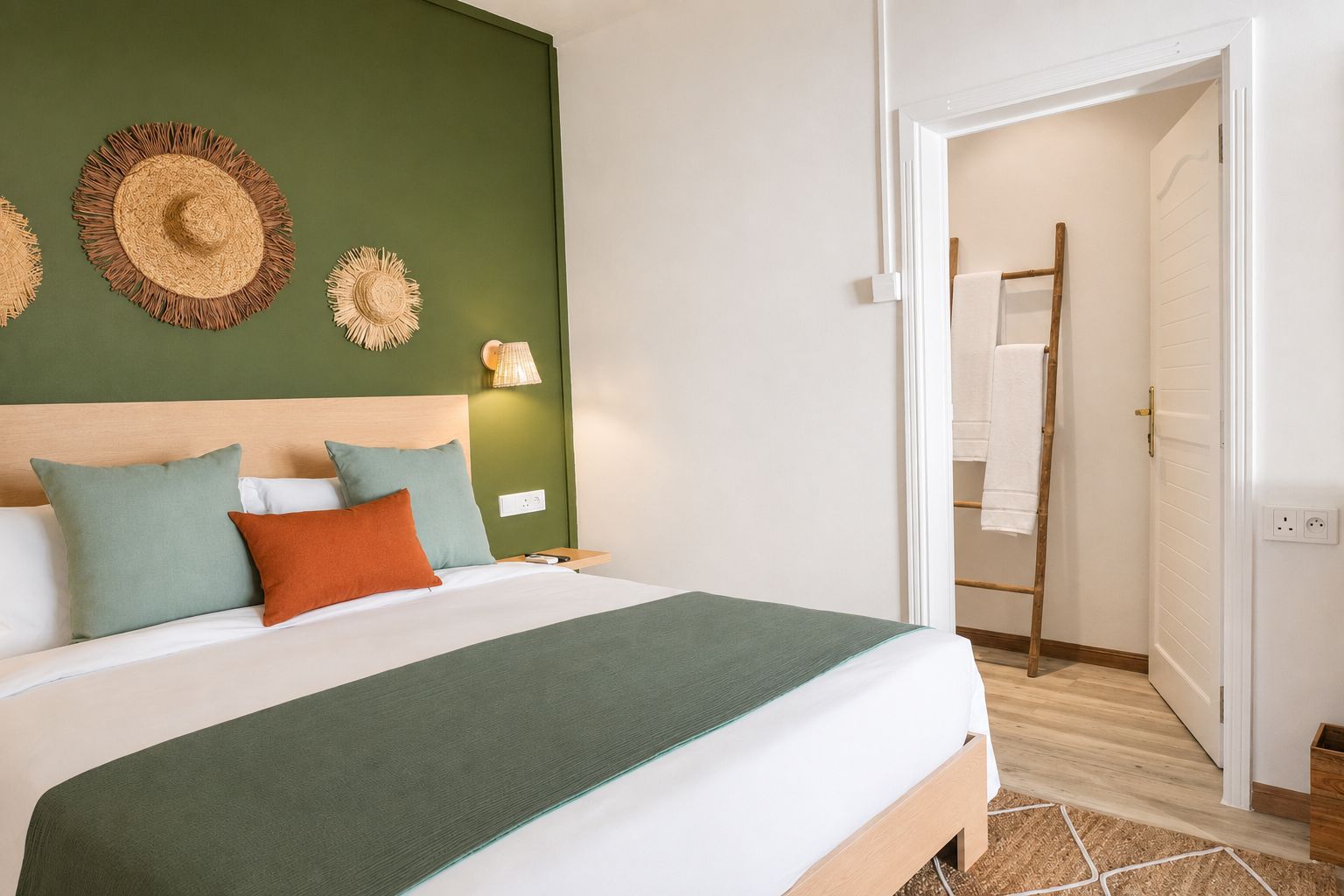 A hotel room with a bed, pillows, a wall-mounted lamp, and a door leading to a bathroom.