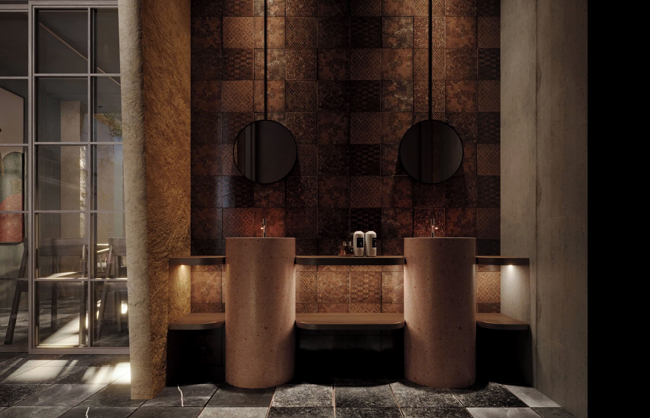 A modern bathroom with two sinks, a large mirror, and a patterned wall.