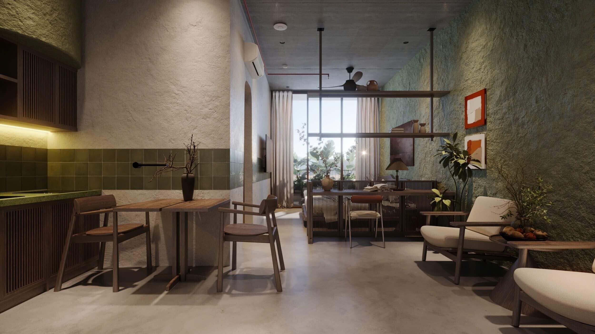 A modern interior with a dining area, seating, and a view through a window.