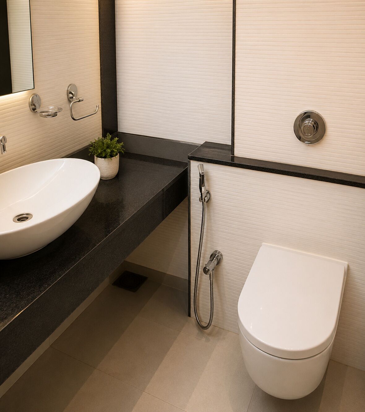 Un baño moderno con un lavamanos blanco, un inodoro y una ducha.