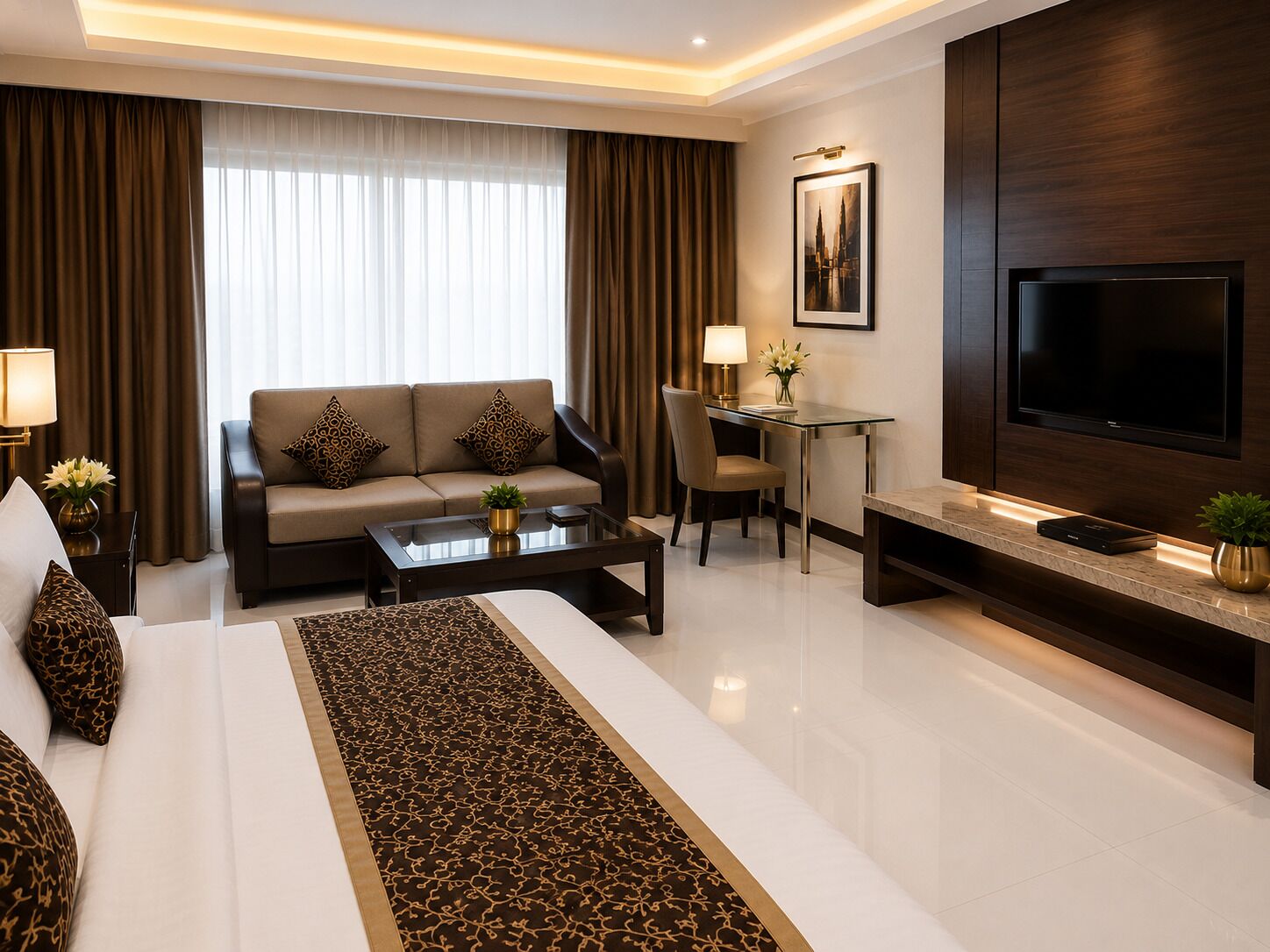 Habitación de hotel moderna con sofá, mesa de comedor, televisor y cama con un corredor estampado.