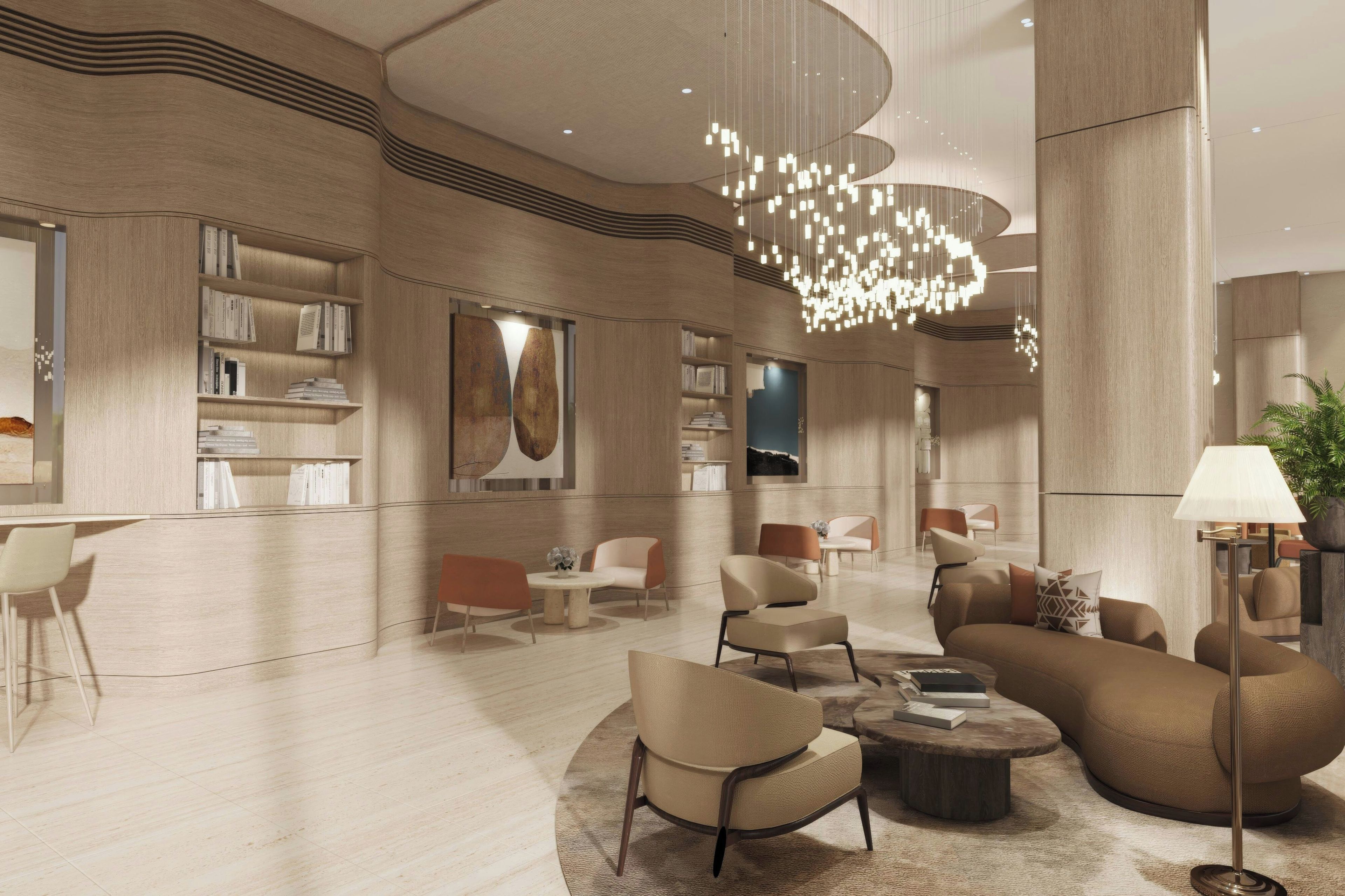 A modern interior with a central seating area, bookshelves, and a unique ceiling light fixture.