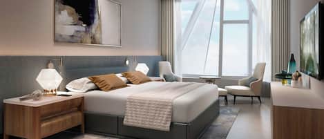 A modern hotel room with a large bed, a desk, a chair, and a large window with curtains.