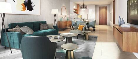 A modern living room with a sofa, chairs, a coffee table, and a dining area with a table and chairs.