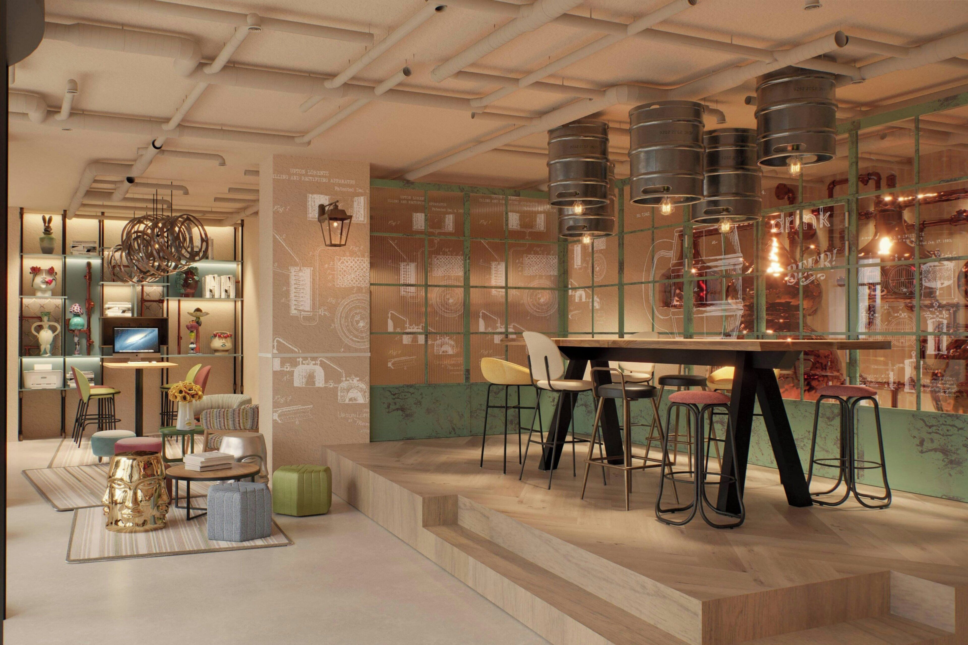 A modern interior with a dining area featuring a wooden table and bar stools, surrounded by shelves with decorative items and a wall with technical drawings.