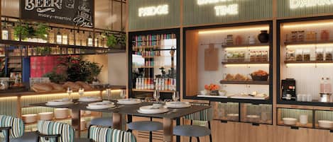 A restaurant with a bar area labeled 'cocktails' and 'beer,' a breakfast section, and a coffee station.