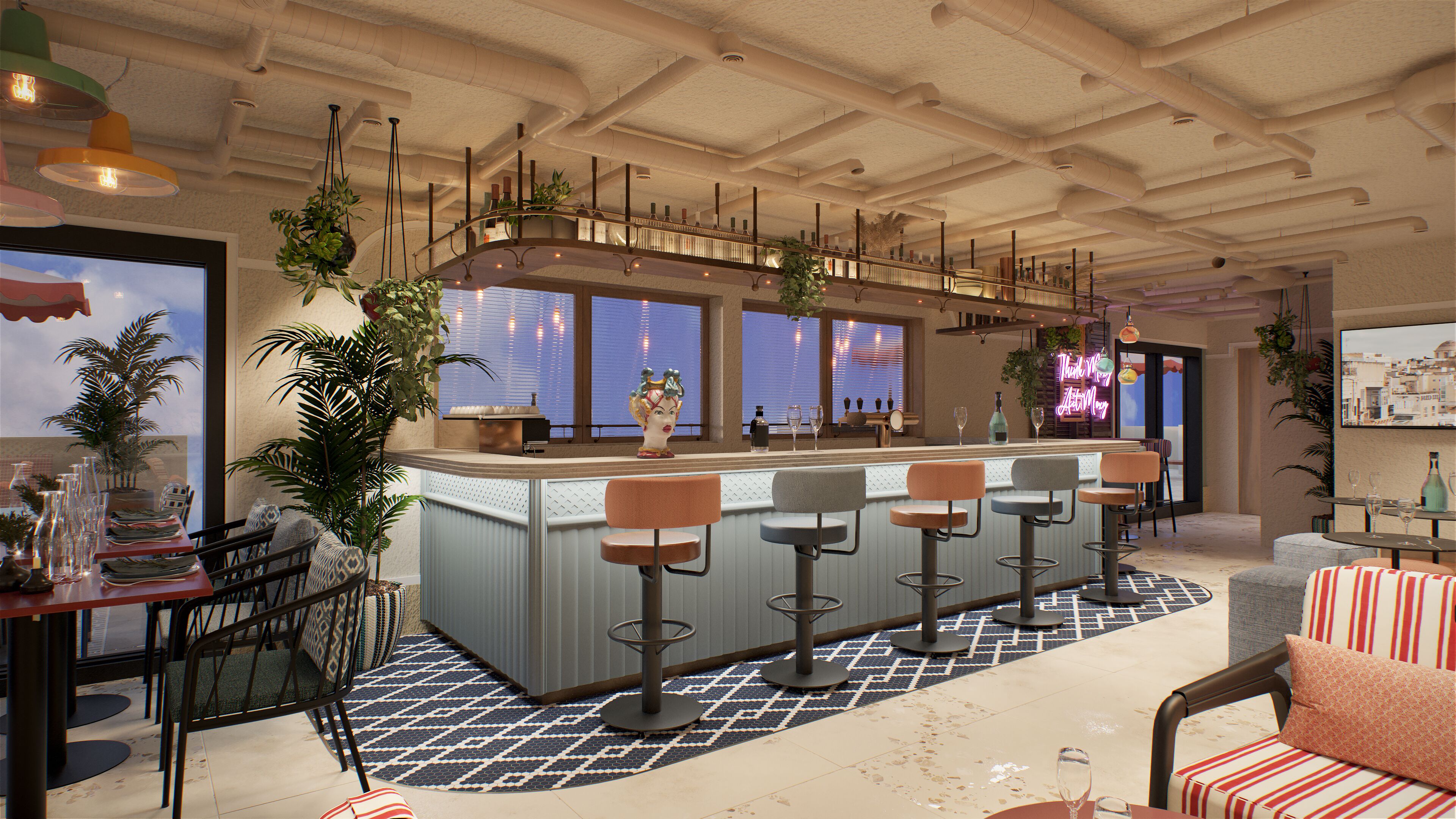A bar area with a counter, bar stools, and a patterned floor.