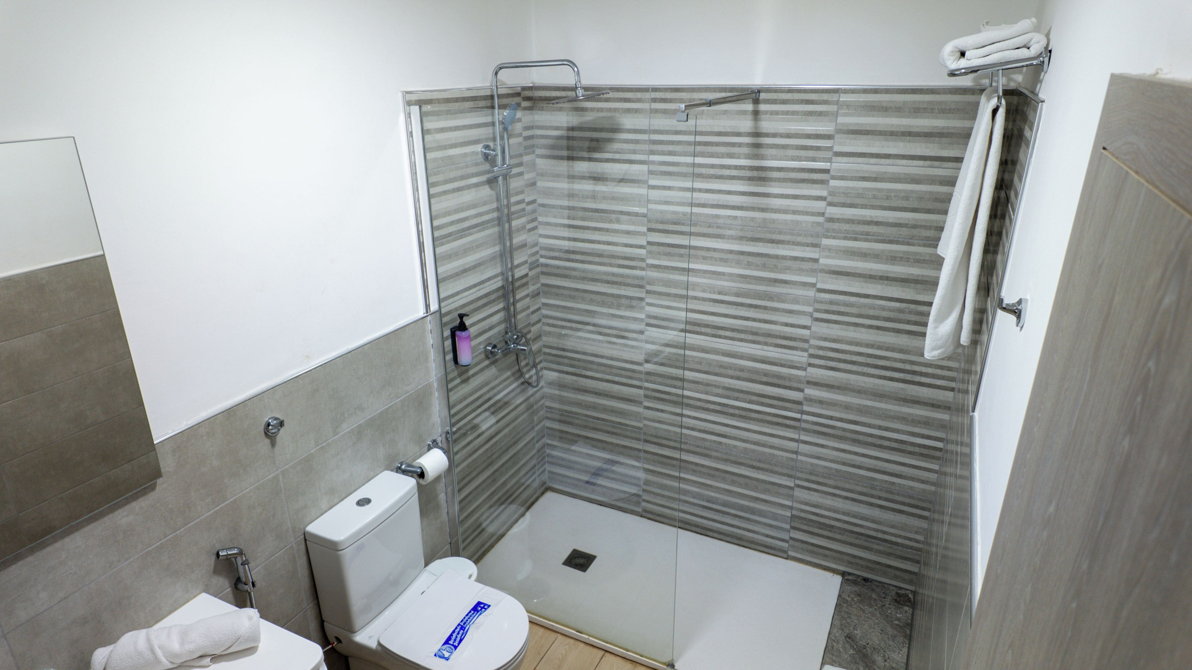 Un baño con ducha, inodoro y un perchero para toallas.