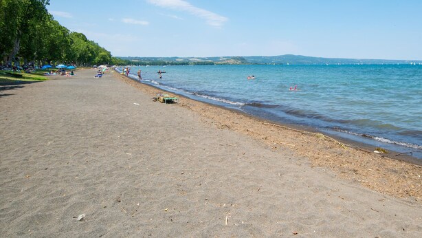Ein Strand mit sandigem Ufer, einigen Sonnenschirmen und Menschen im Wasser.