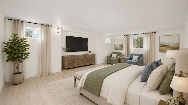Ein Schlafzimmer mit einem Bett, einem Fernseher, einer Pflanze, einem Fenster und einem Gemälde.