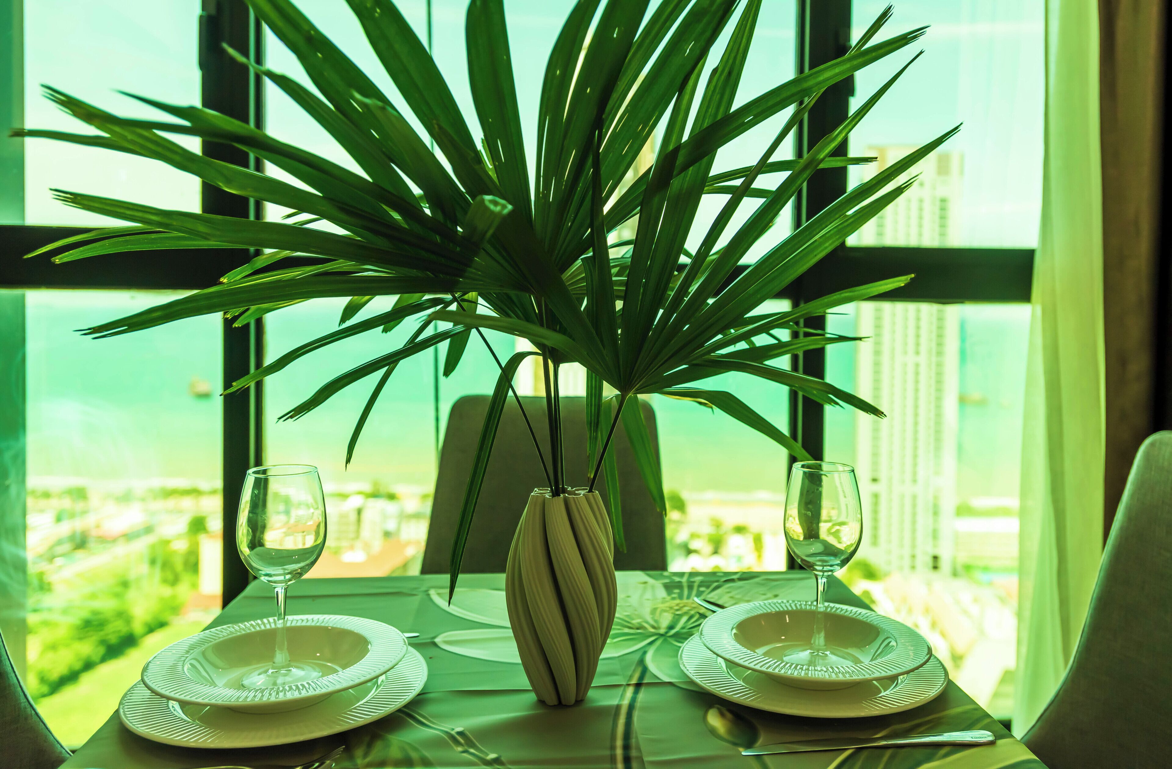 A dining table with two plates and a vase with a plant, set against a window with a view of buildings.