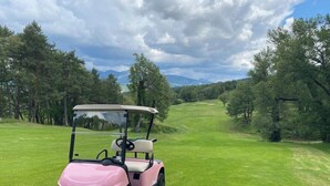 A golf cart on a well-maintained golf course with a clear sky and trees in the background. - Adonis Digne Hotel Particulier (Digne-les-Bains)