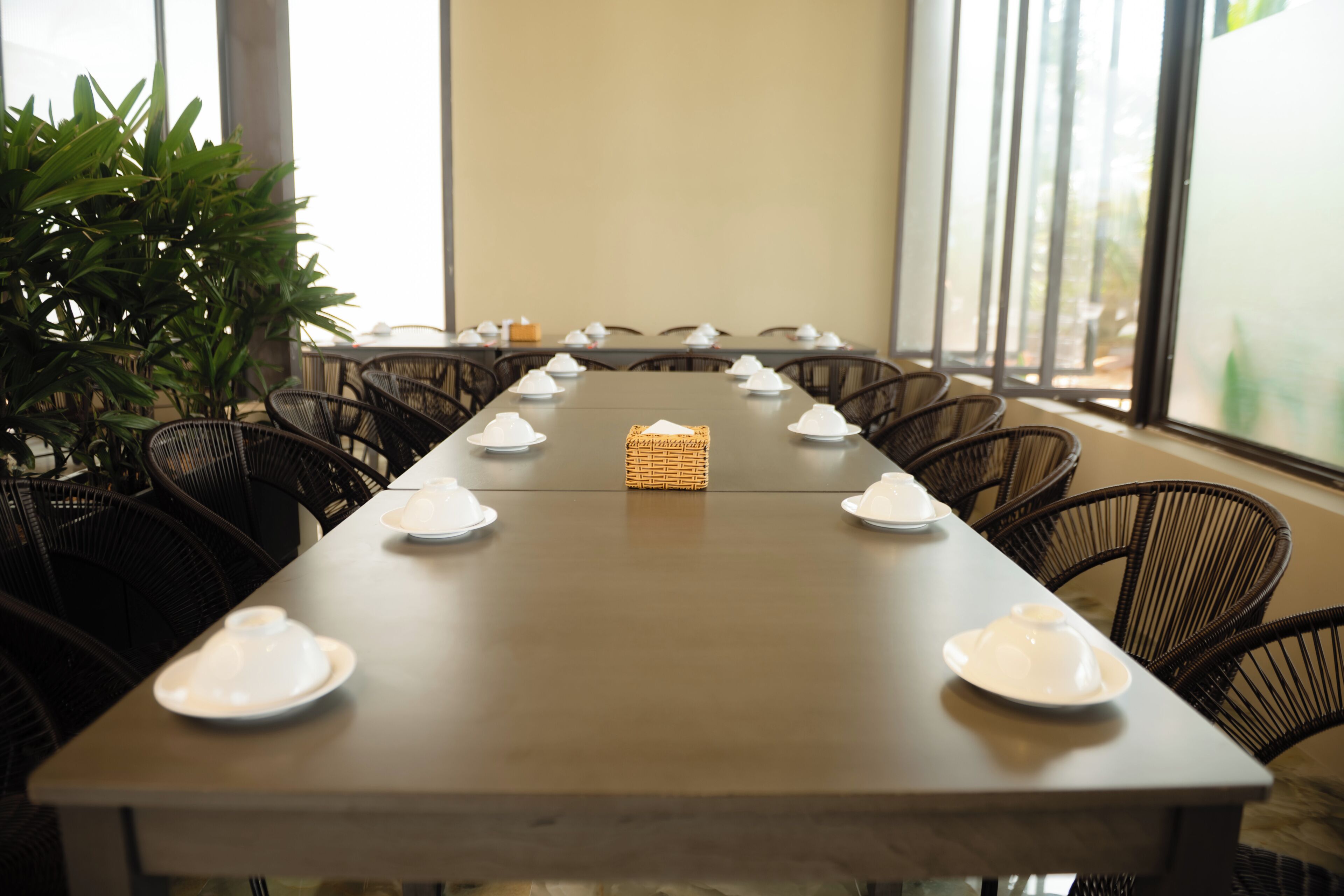 Uma sala de conferências com uma longa mesa preparada para uma reunião, cercada por cadeiras e uma planta ao lado.