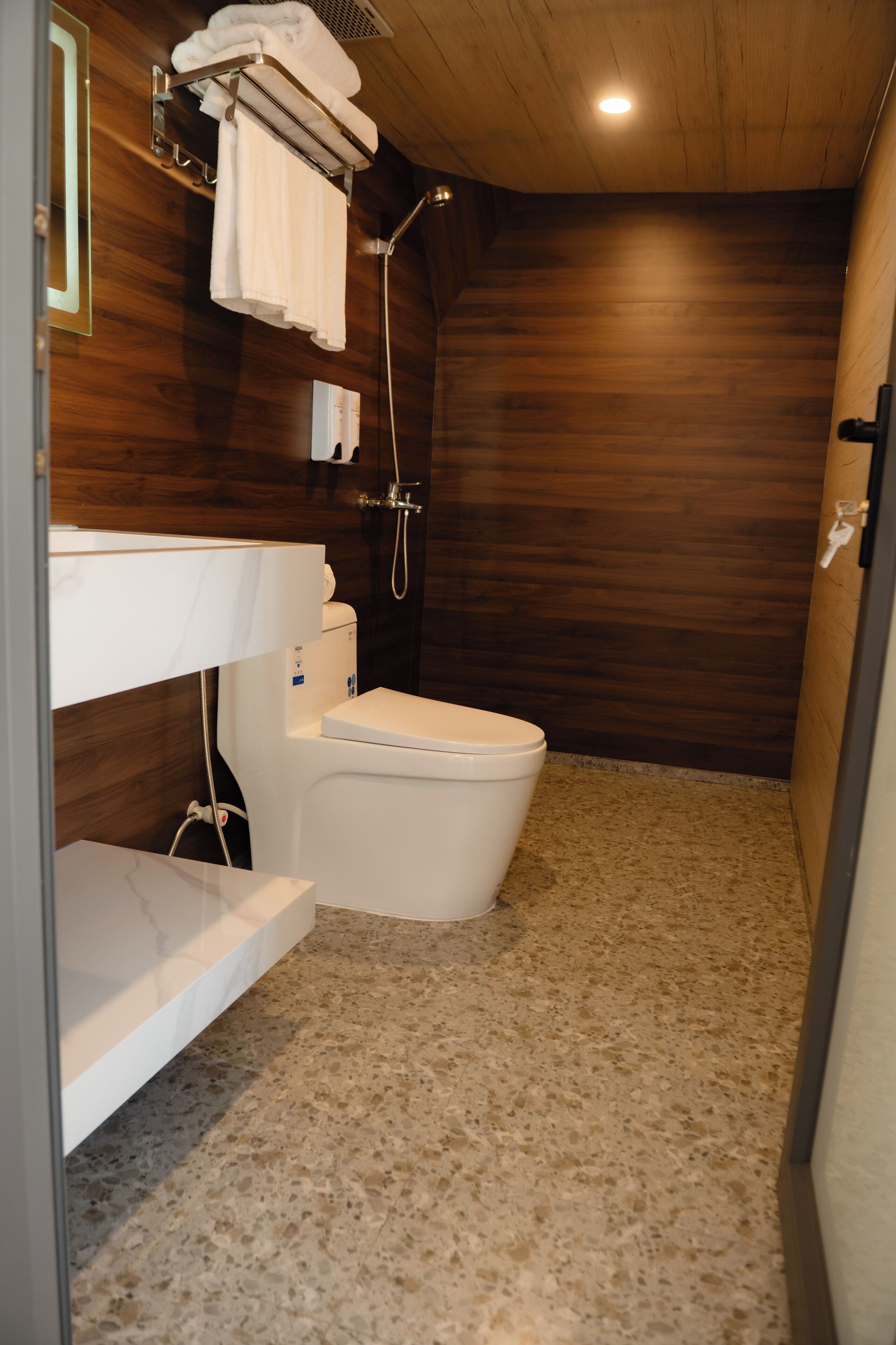 Shower, hair dryer, towels, shampoo
