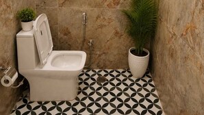 Une salle de bain avec des toilettes, un bidet et une douche. On y trouve deux plantes en pot.